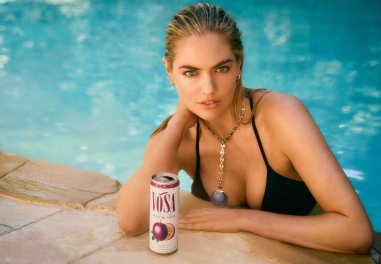 Kate Upton Pose Poolside For Vosa Spirits Canned Drinks