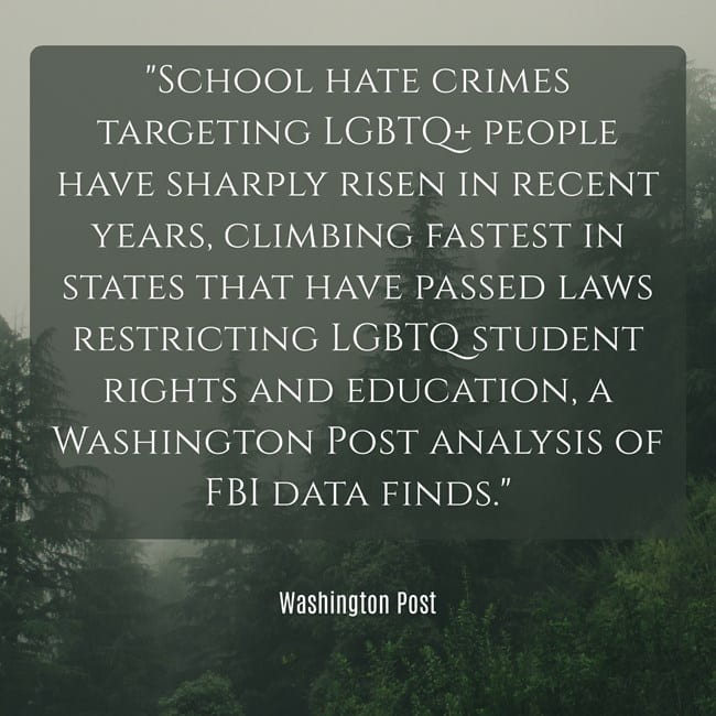 The stat of the day is depressing and not surprising: where state laws target LGBTQ individuals, hate crimes against them in schools are on the rise