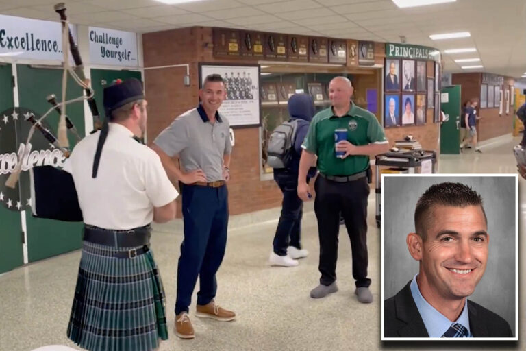 Illinois students hire bagpipers for noisy senior prank that follows high school principal around.